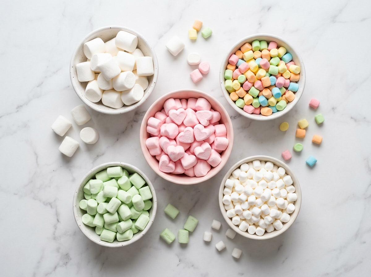 what are marshmallows made out of — variety of marshmallow types including standard, mini, vegan, and shaped specialty marshmallows