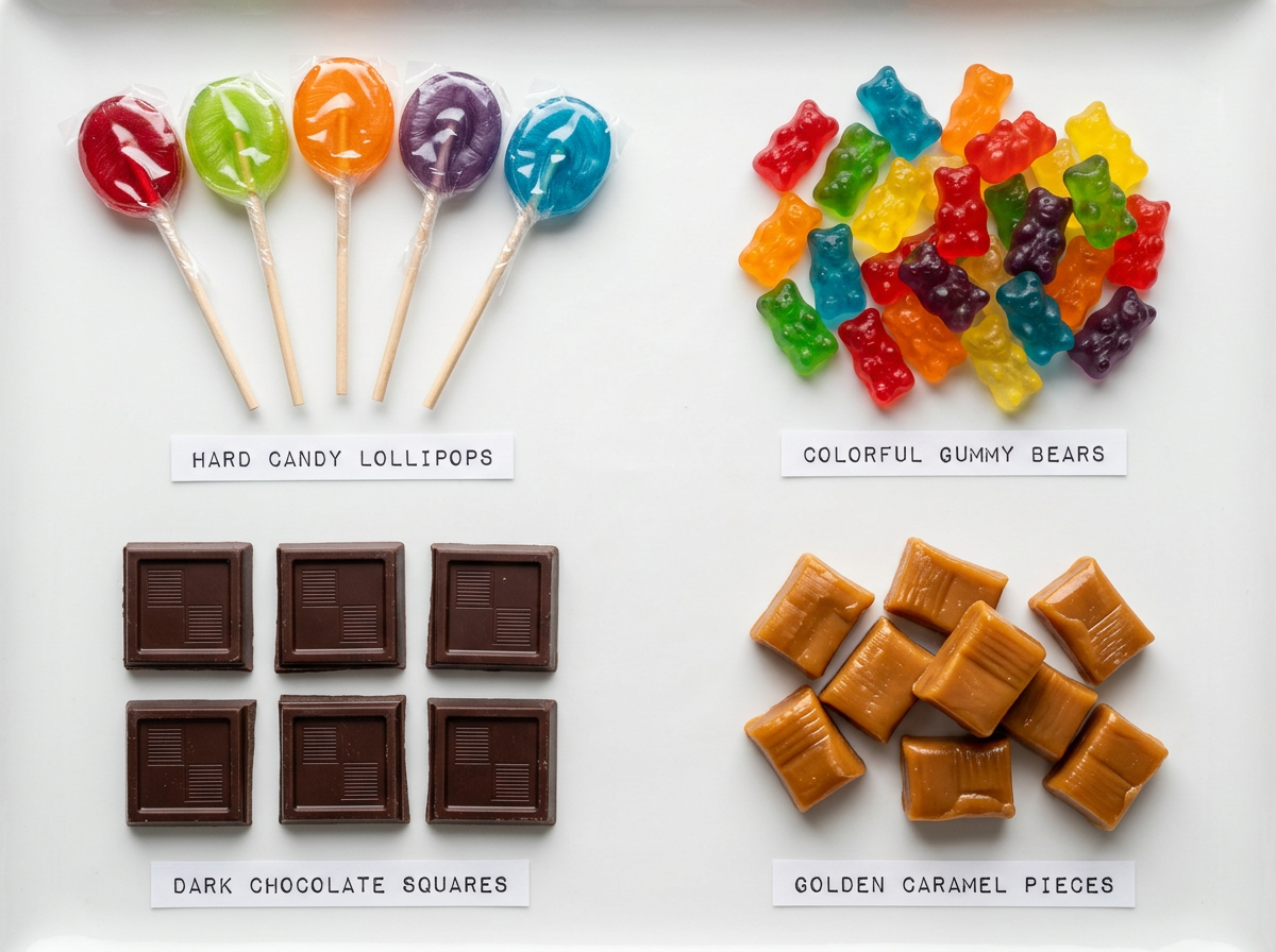 does candy ever expire — types illustration showing hard candy, gummies, chocolate bars, and caramel organized on a display