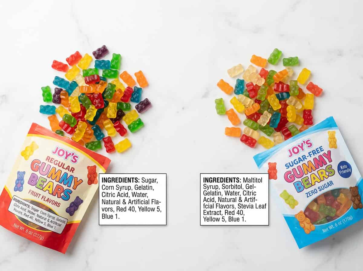 können Hunde Gummibärchen haben — Vergleichstabelle der Sorten, die reguläre vs. zuckerfreie Gummibärchen und ihre jeweiligen Inhaltsstoffe zeigt