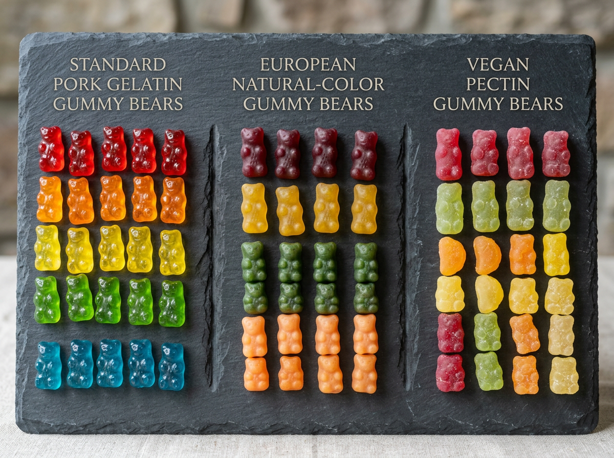 haribo gummy bears ingredients — comparison chart showing US vs European vs vegan formulation differences side by side