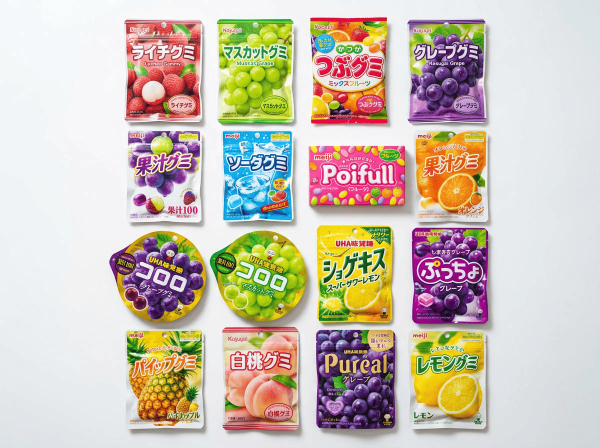 japanese gummies — product lineup showing Kasugai, Puchao, Meiji, and Kororo gummy candy packages arranged by brand