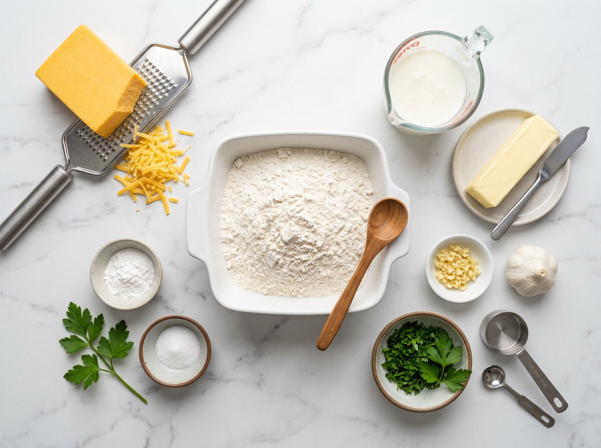 receta de galletas cheddar bay de red lobster — ingredientes dispuestos mostrando queso cheddar, mantequilla, harina, suero de leche y ajo