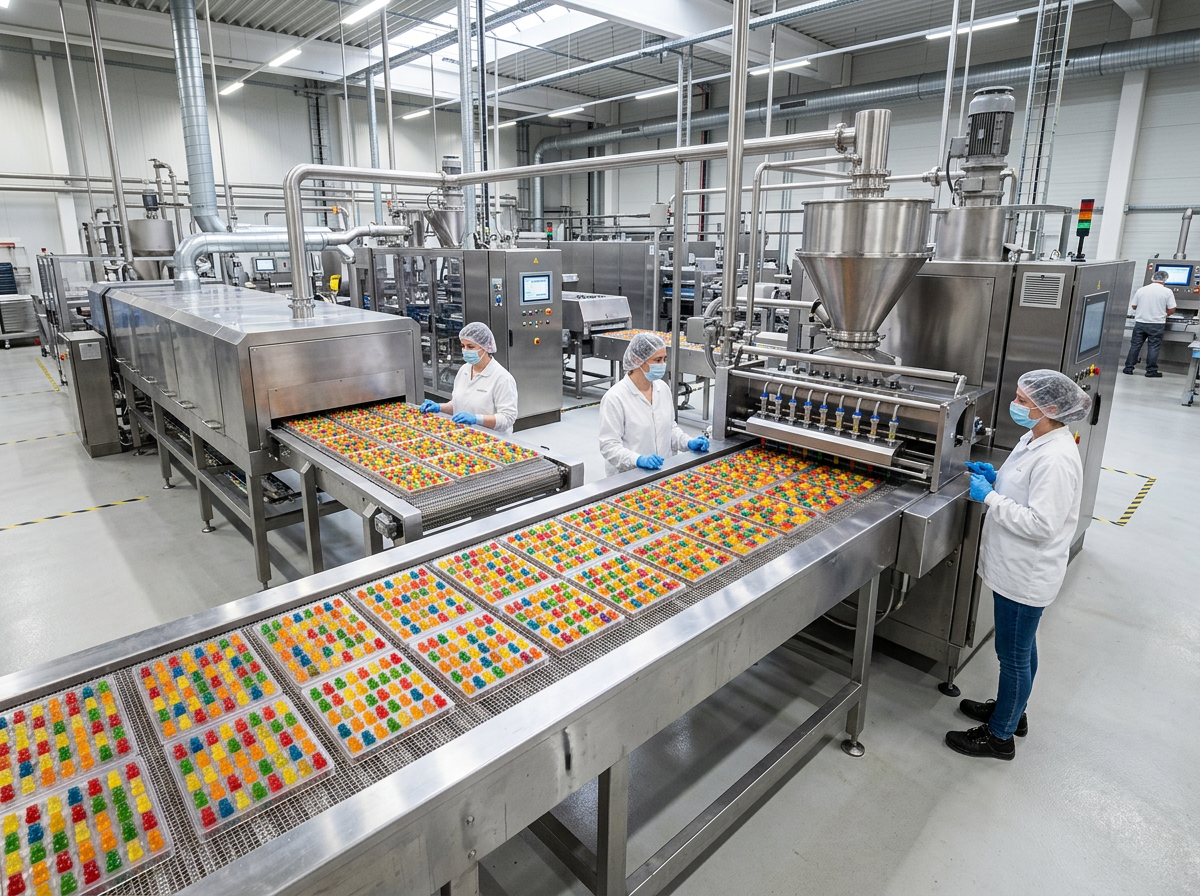 Ayıcık şeker aromaları üretim süreci — endüstriyel şekerleme üretiminde aroma bileşiklerini karıştıran şekerleme ekipmanları