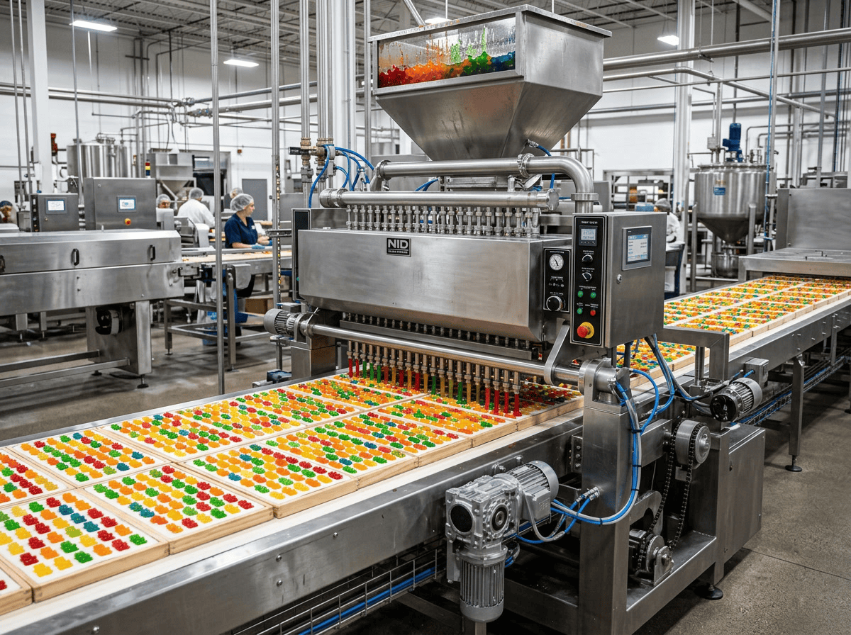 soft candy — how-to guide showing a step-by-step manufacturing process from ingredient mixing to depositing to packaging