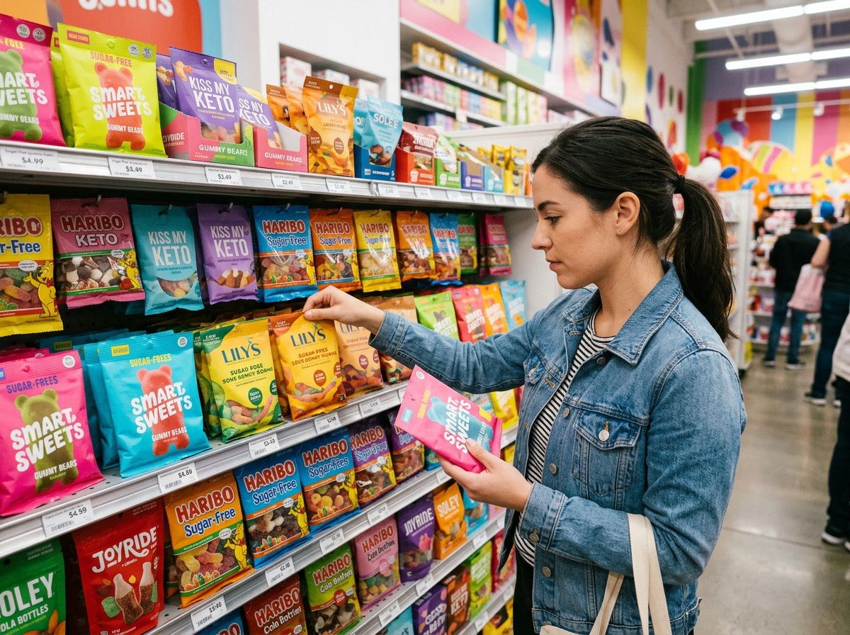 sugar free haribo gummy bears — step-by-step process illustration showing how to identify authentic sugar-free gummy bears versus alternatives at a store shelf