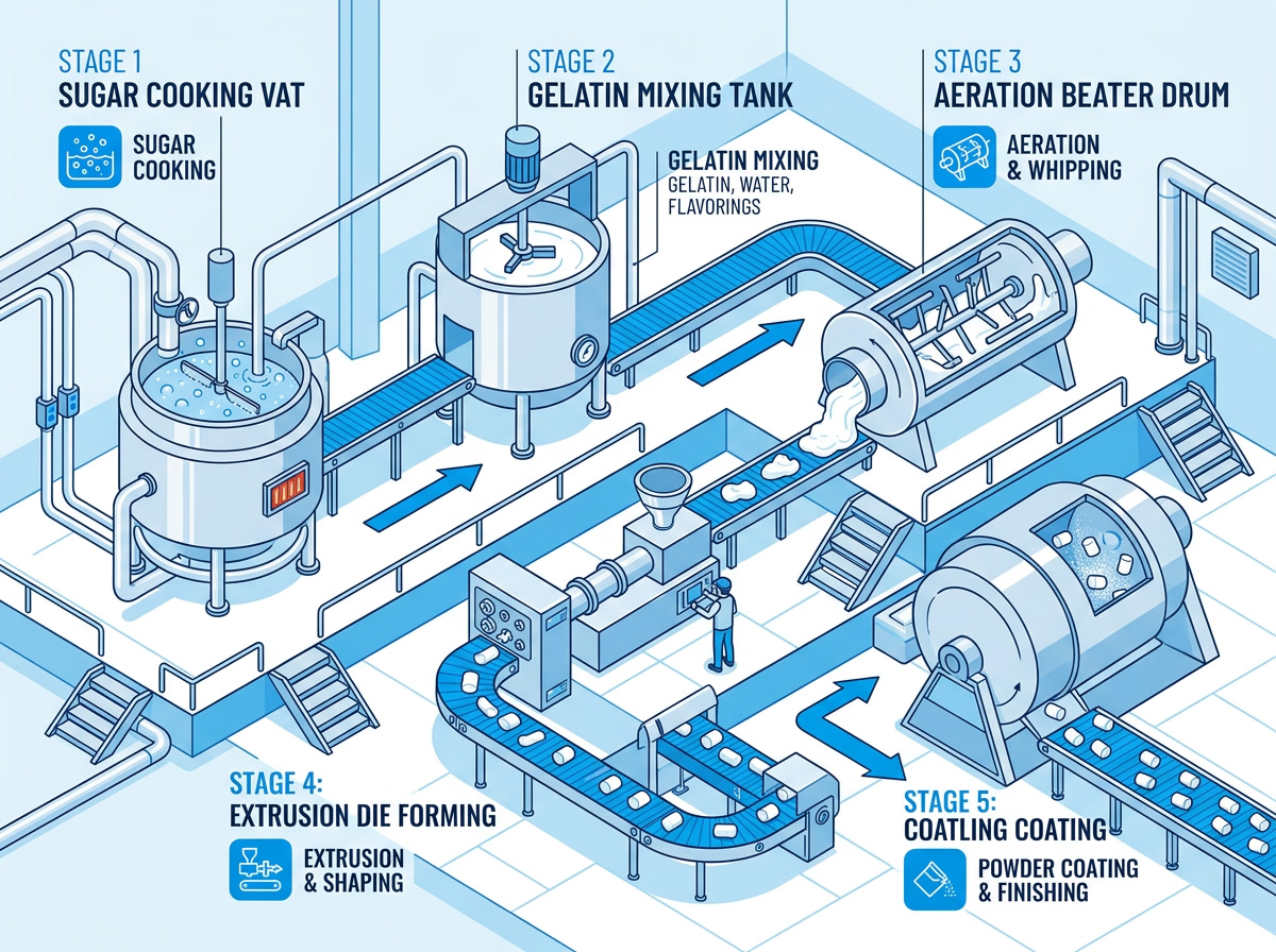 what are marshmallows made out of — industrial marshmallow manufacturing process diagram showing cooking, aeration, forming, and packaging stages
