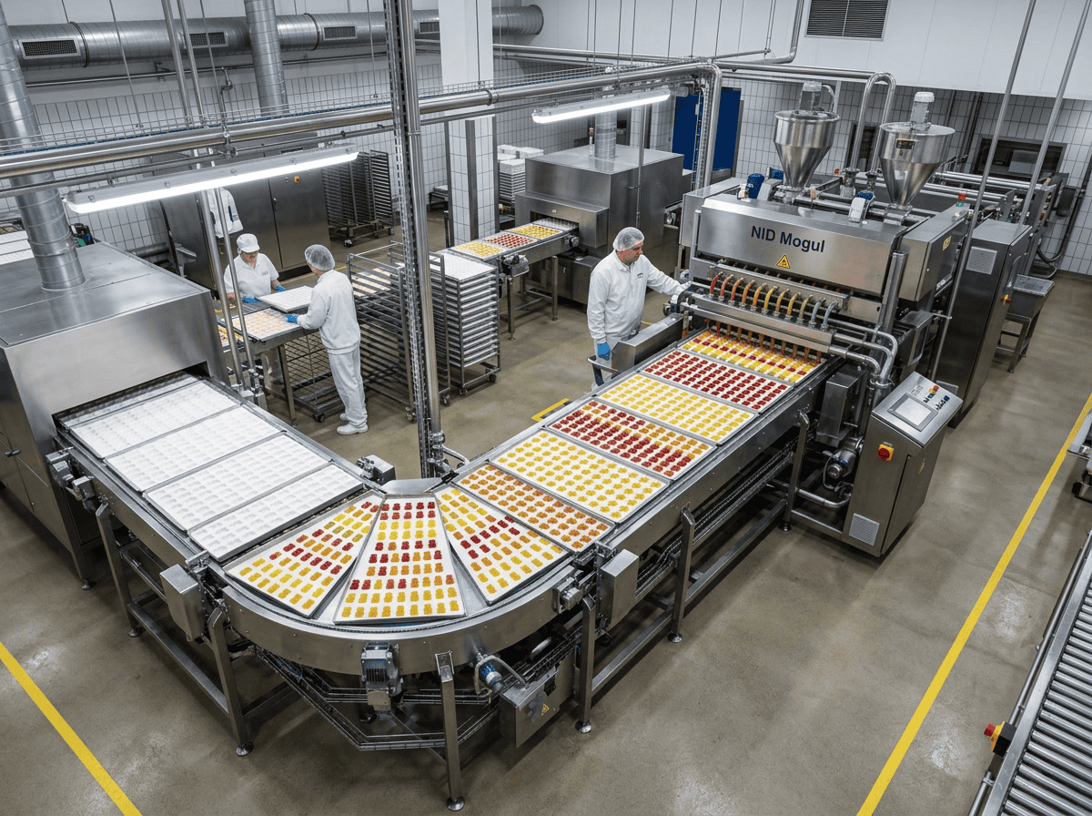 japanese gummies — manufacturing process diagram showing gelatin cooking, depositing molds, cooling tunnel, and finished product tumbler stages