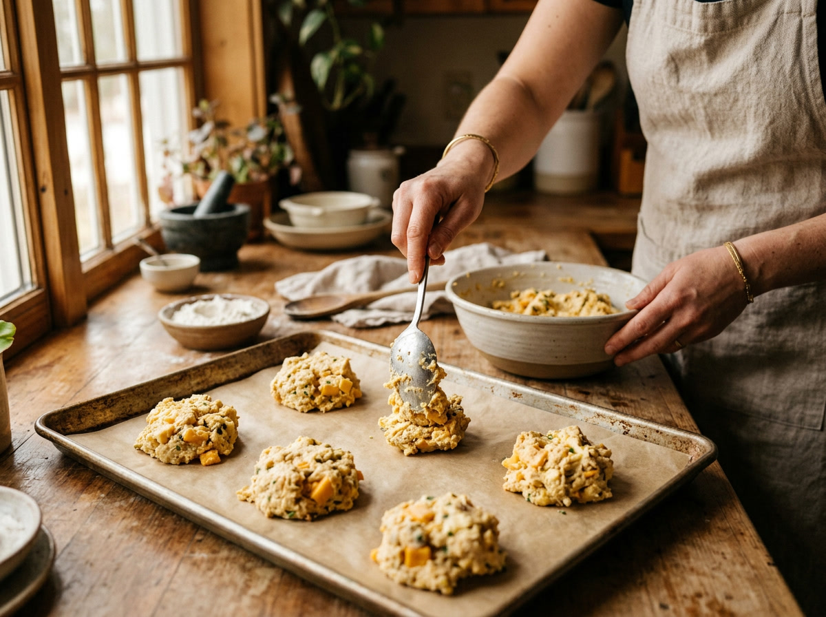 receta de galletas cheddar bay de red lobster — proceso paso a paso mostrando la mezcla de la masa, colocándola en la bandeja y pincelando con mantequilla de ajo