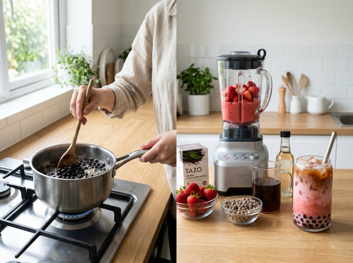 Erdbeer-Boba-Tee – Schritt-für-Schritt-Prozessillustration, die das Kochen der Perlen, das Mixen der Erdbeeren und das Zusammensetzen des Getränks zeigt