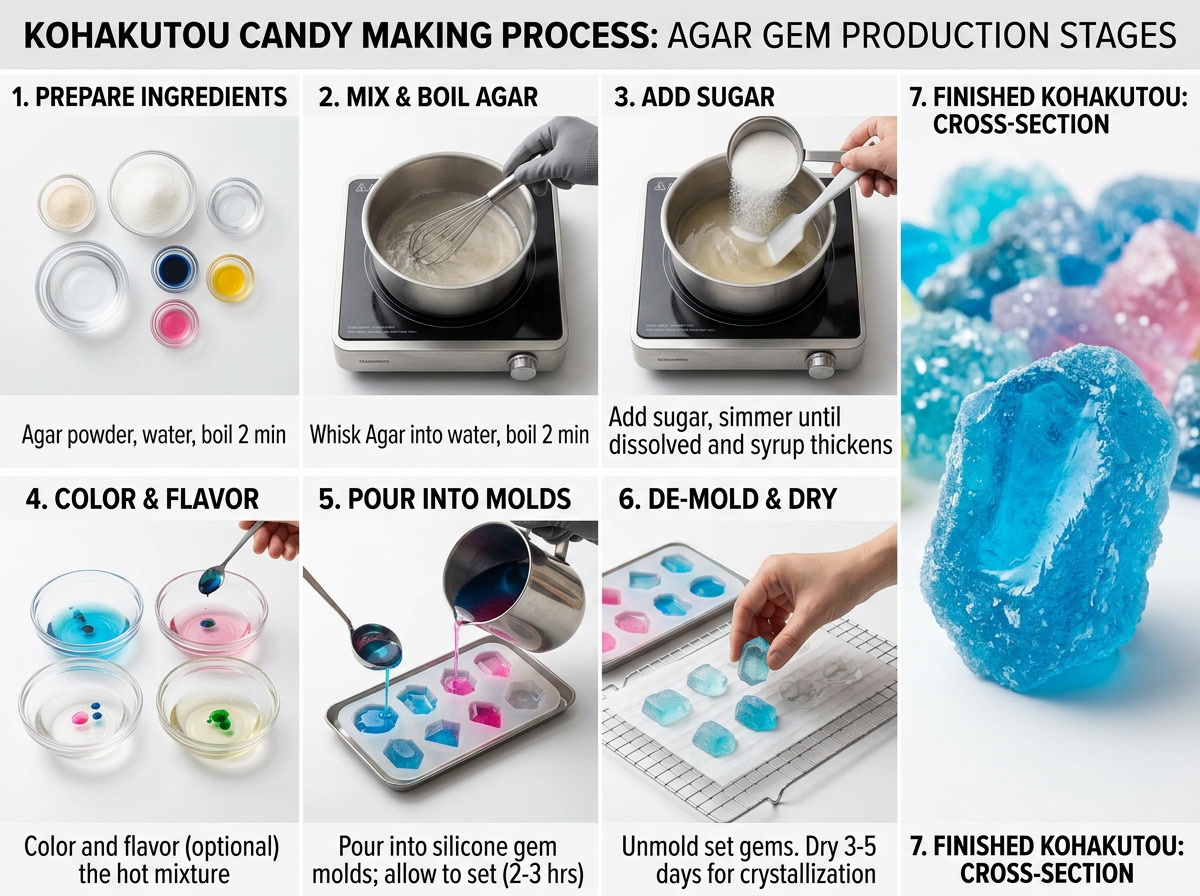 bonbon kohakutou — processus de production illustré montrant la coupe en section de la texture et la formation cristalline
