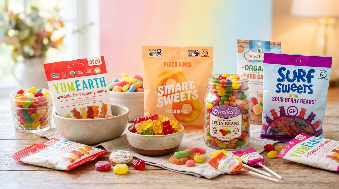 les Skittles sont-ils sans gluten — visuel de clôture montrant une variété de produits de bonbons étiquetés sans gluten sur un fond coloré