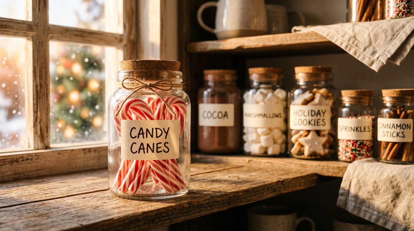 les cannes de bonbon peuvent-elles expirer — gros plan de cannes de bonbon stockées correctement dans des bocaux en verre hermétiques avec des étiquettes claires, rangées proprement sur une étagère de cuisine
