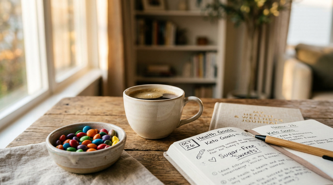doces com menor teor de carboidratos — imagem de estilo de vida final mostrando uma pessoa apreciando um doce com baixo teor de carboidratos enquanto revisa os rótulos de nutrição