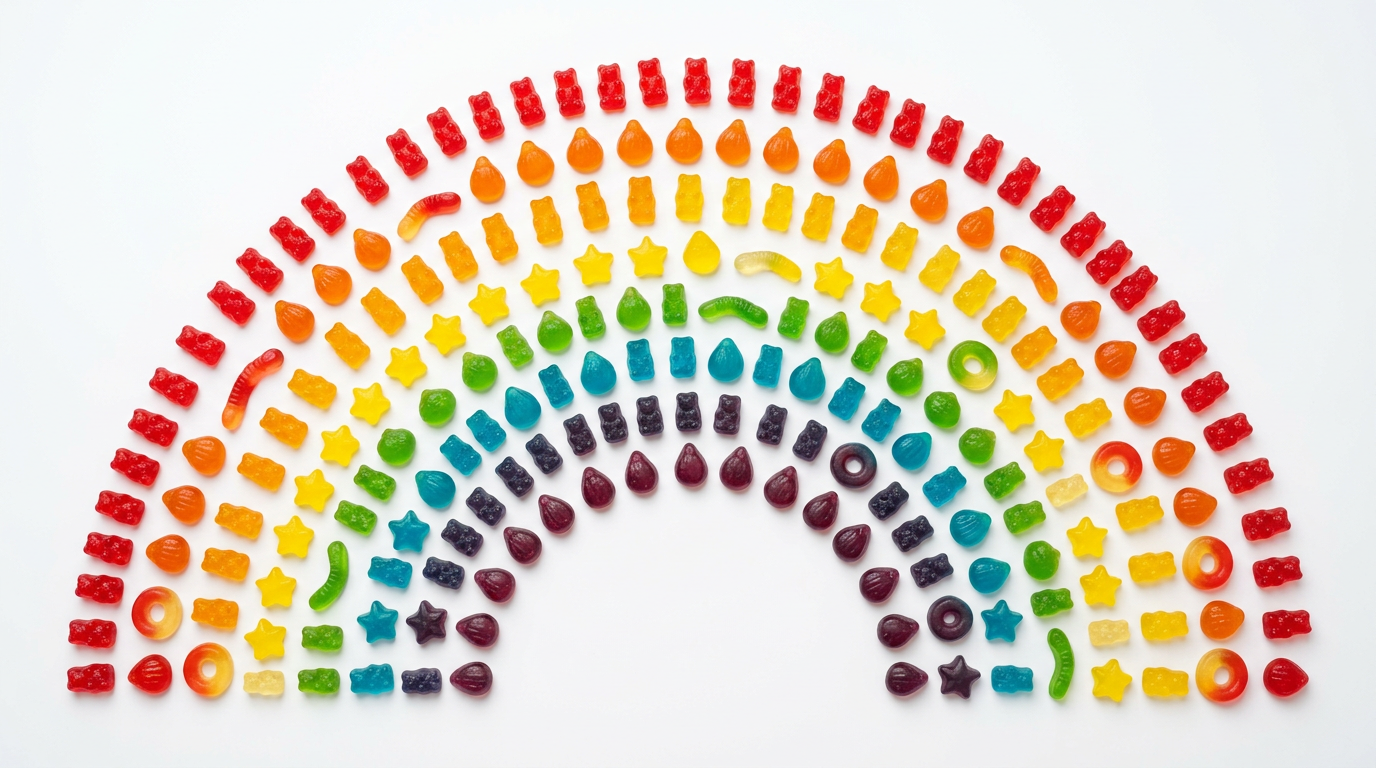 cómo hacer caramelos gomosos — caramelos gomosos coloridos en diferentes formas exhibidos para presentación comercial