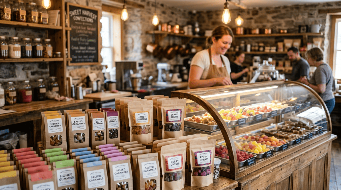 soft candy — closing visual showing an artisan confectionery workshop with gummy molds, caramel slabs, and packaging equipment
