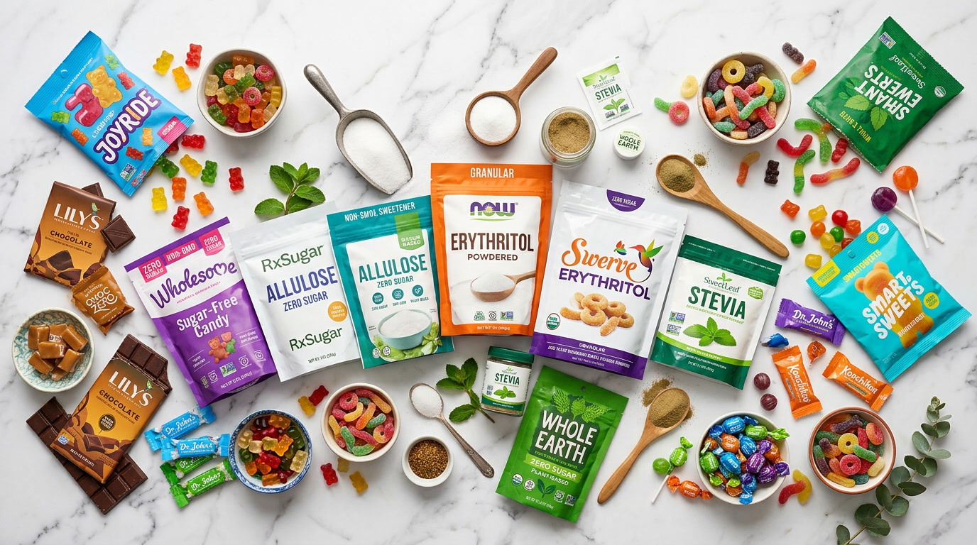 sugar free haribo gummy bears — closing illustration of a colorful display of modern sugar-free candy alternatives, vibrant confectionery photography