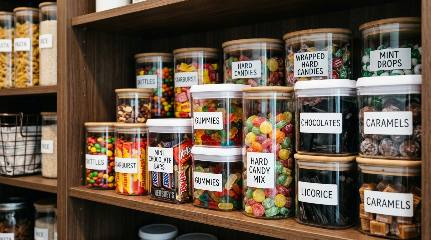 does candy ever expire — closing visual showing a well-organized candy storage setup with sealed containers in a cool dry pantry