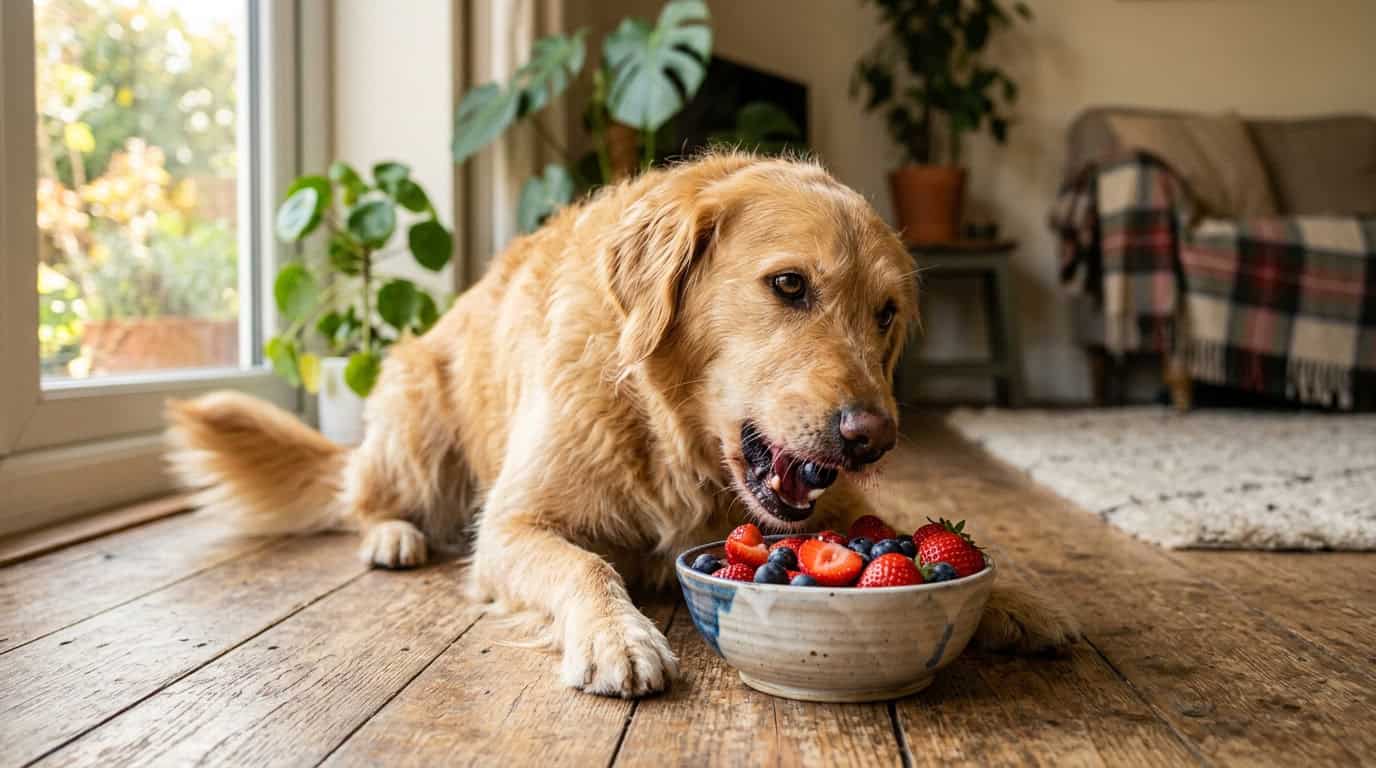 können Hunde Gummibärchen haben — abschließende Visualisierung, die einen glücklichen, gesunden Hund mit hundesicheren Fruchtleckerlis als Alternativen zeigt
