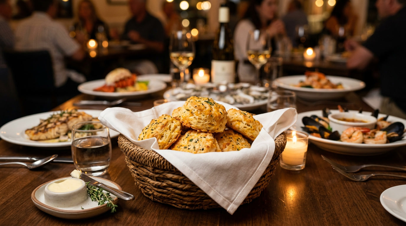 receta de galletas cheddar bay de red lobster — galletas doradas terminadas en una cesta forrada con lino, presentación estilo restaurante