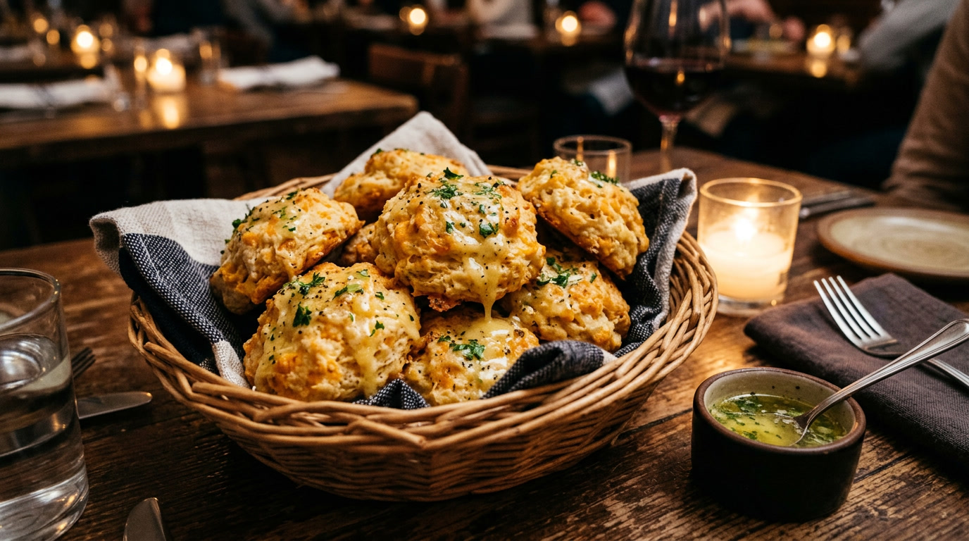 Рецепт бисквита Cheddar Bay — финальный кадр, показывающий корзину с золотистыми бисквитами с травами и расплавленным маслом