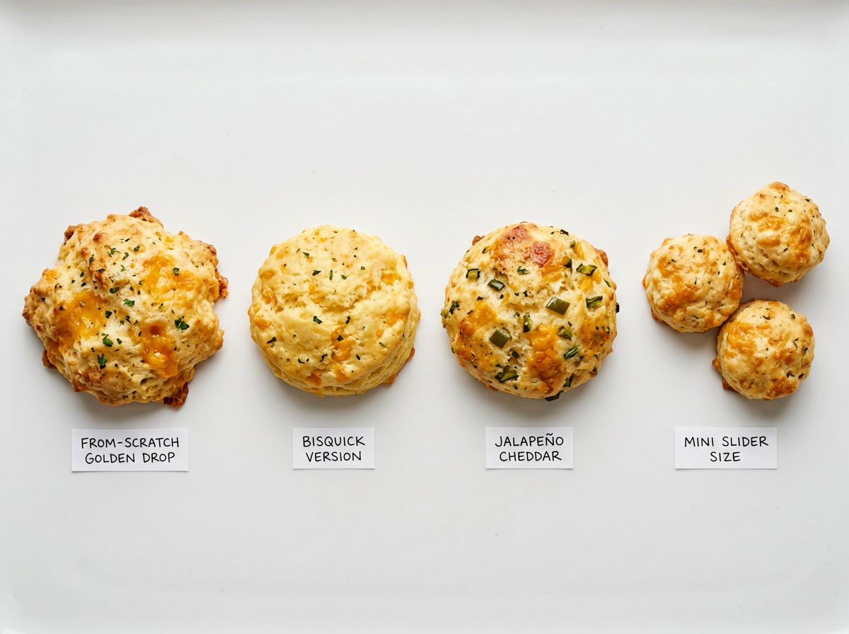 Рецепт бисквита Cheddar Bay — иллюстрация типов, показывающая версию с Bisquick, версию с нуля и мини-слейдер-варіацию