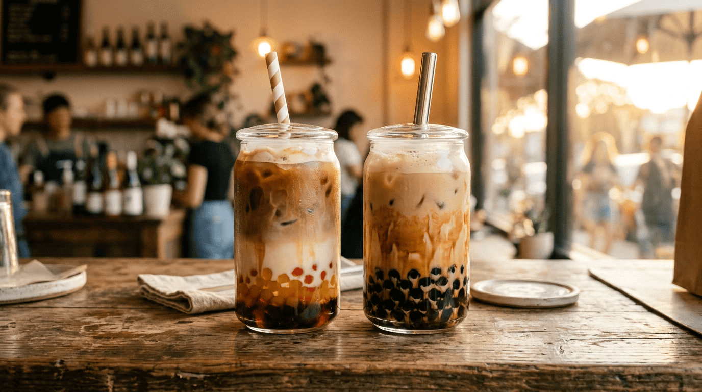 Kaffee Boba — abschließende Visualisierung von Eiskaffee-Boba-Getränken auf einer Café-Theke mit natürlicher Beleuchtung