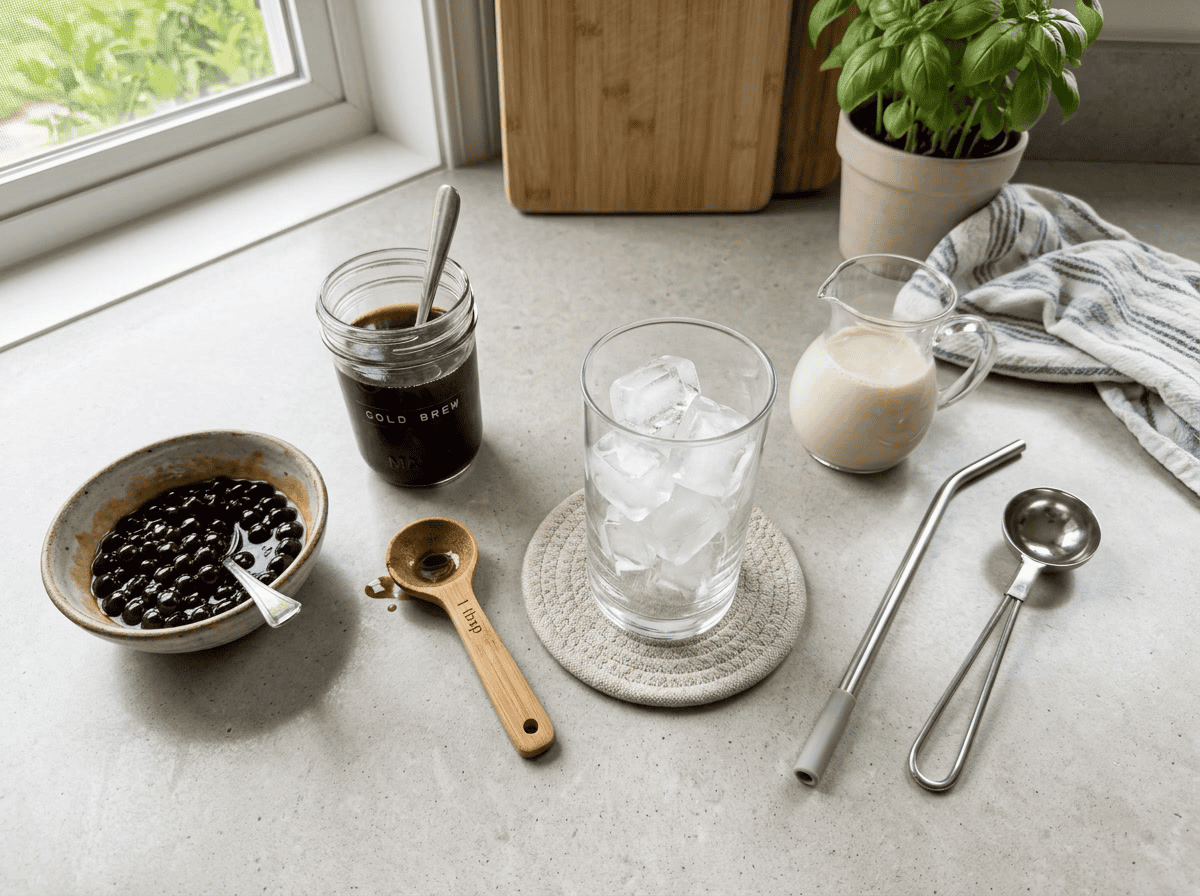 Kaffee Boba — Schritt-für-Schritt-Prozessillustration, die das Kochen der Tapioka-Perlen, das Brühen des Kaffees und die Zubereitung des Getränks zeigt