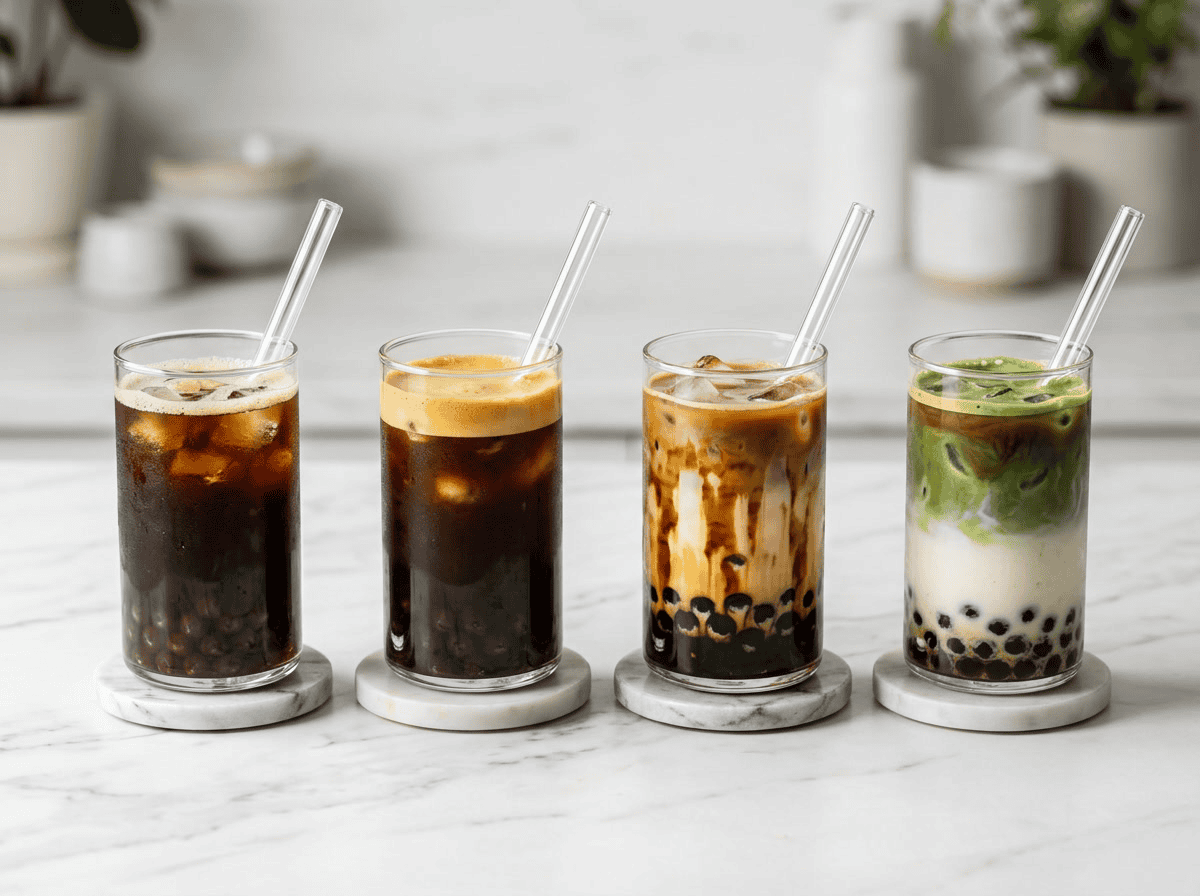Kaffee Boba — Illustration, die vier verschiedene Arten von Kaffee Boba nebeneinander in klaren Gläsern zeigt