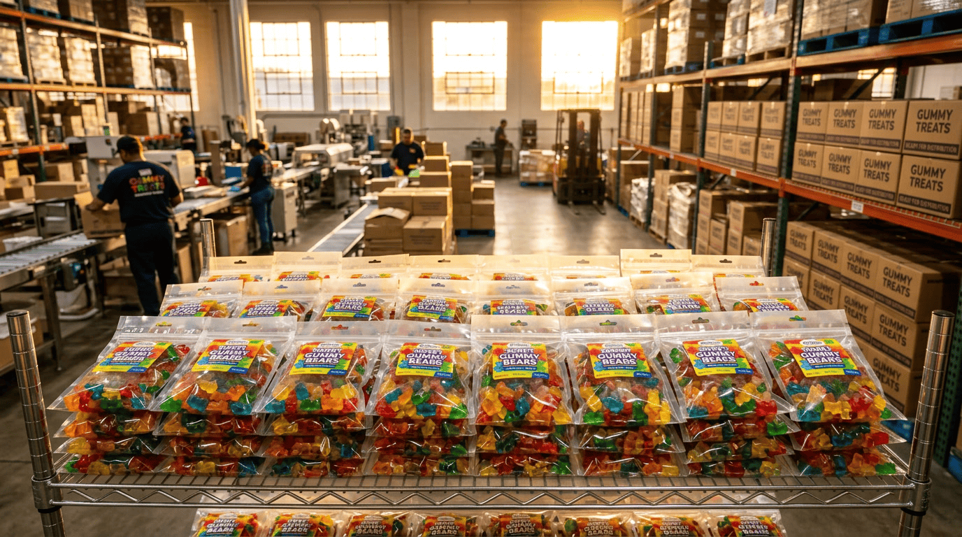 wie macht man Gummibärchen — abschließende Visualisierung von bunten Gummibärchen, die bereit für die kommerzielle Verpackung sind