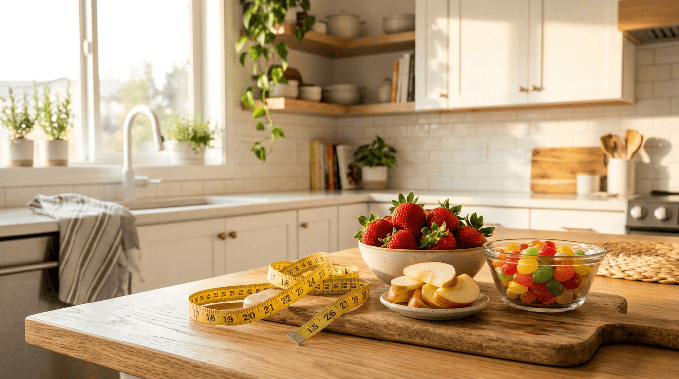 lowest calorie candies — closing visual showing a balanced lifestyle scene with candy, a measuring tape, and fresh fruit on a kitchen counter