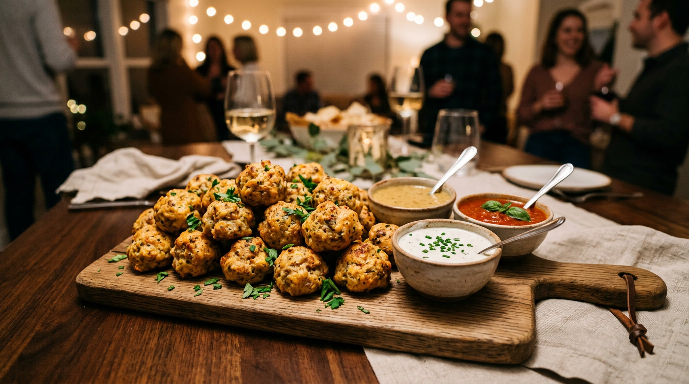bolinhas de linguiça estilo Red Lobster arrumadas em travessa com molhos para mergulhar e guarnição para servir em festas
