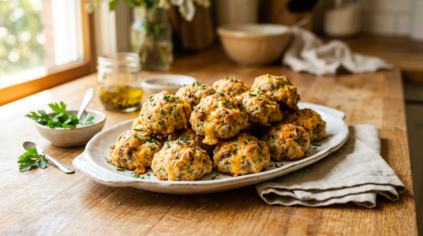 bolinhas de linguiça red lobster — aperitivo dourado e cremoso em uma travessa branca