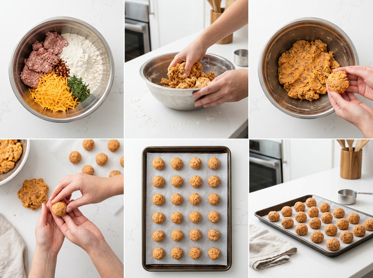 processo passo a passo das bolinhas de linguiça estilo Red Lobster em visão superior mostrando tigela de mistura, bolinhas enroladas e resultado dourado assado