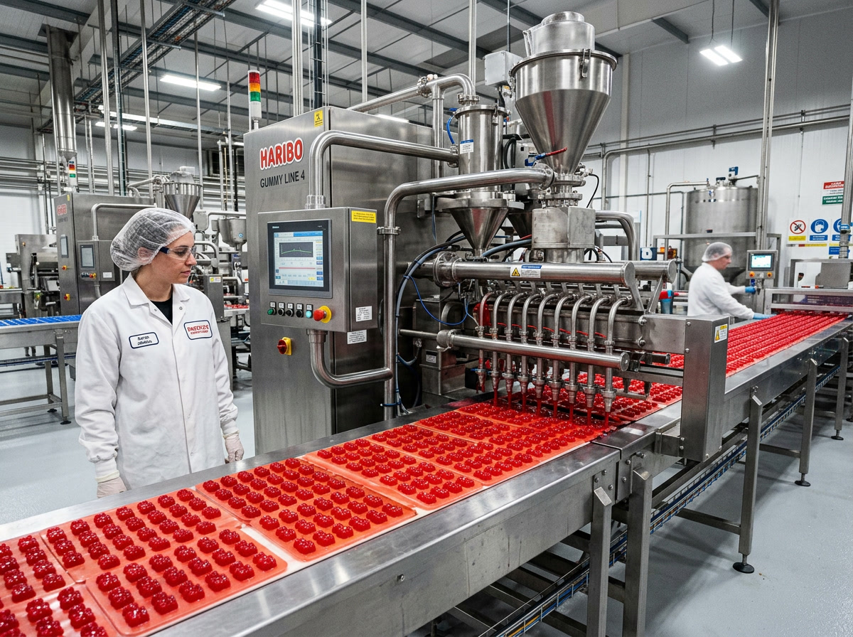 strawberry gummies — manufacturing process flowchart showing cooking, depositing, drying, coating, and packaging stages