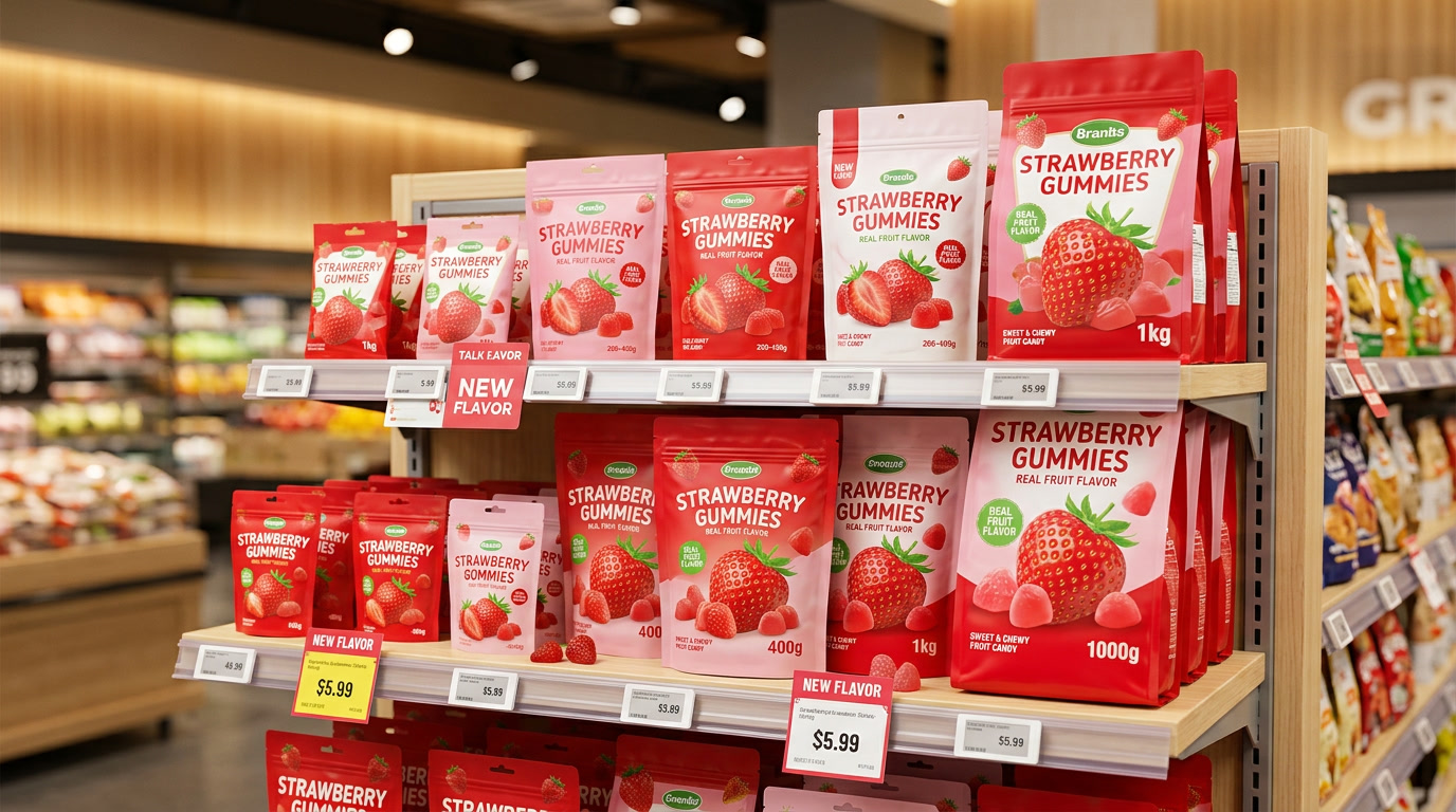 strawberry gummies — closing visual showing packaged retail products in modern confectionery production facility