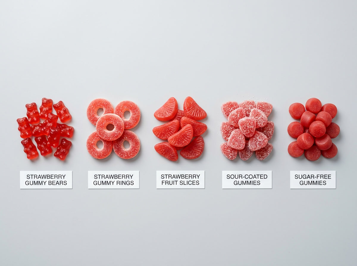 strawberry gummies — types illustration showing five formats: bears, rings, slices, sour-coated, and sugar-free variants