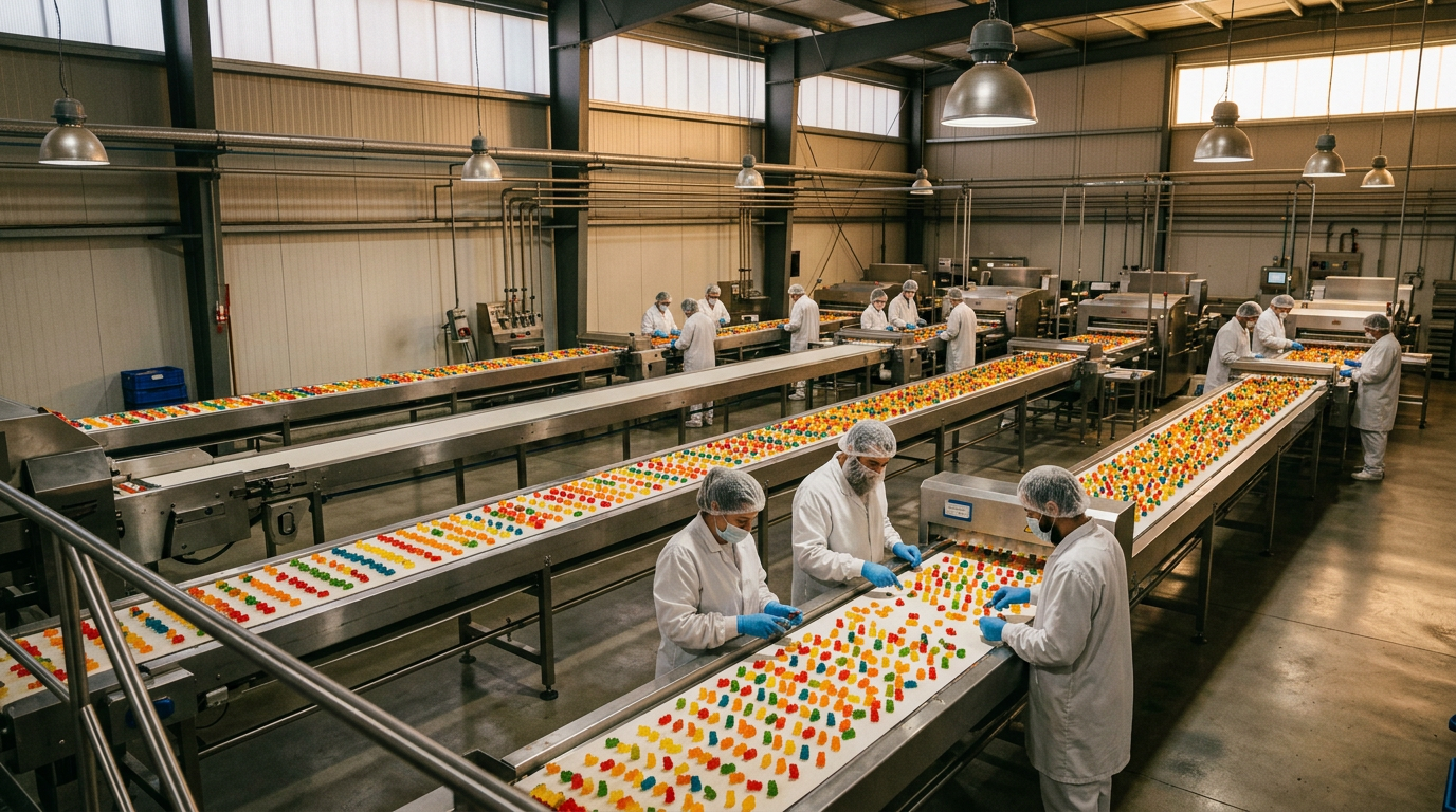 di cosa sono fatti gli orsetti gommosi — visuale finale che mostra una linea di produzione industriale moderna con stampi per caramelle e sistema di trasporto