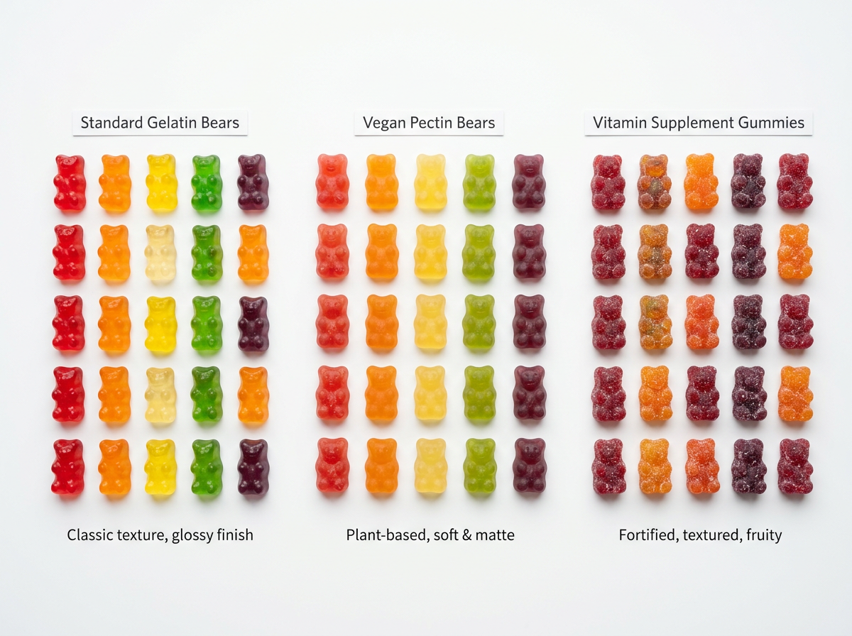 di cosa sono fatti gli orsetti gommosi — diagramma che mostra quattro tipi: gelatina tradizionale, pectina vegana, senza zucchero e gomme funzionali/vitaminiche