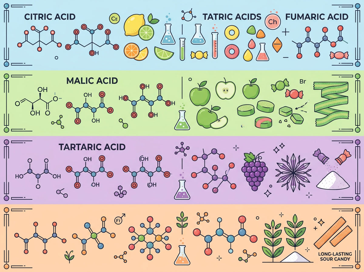 lo que hace que un caramelo sea ácido — gráfico comparativo de tipos mostrando cuatro moléculas de ácido orgánico y sus perfiles de acidez