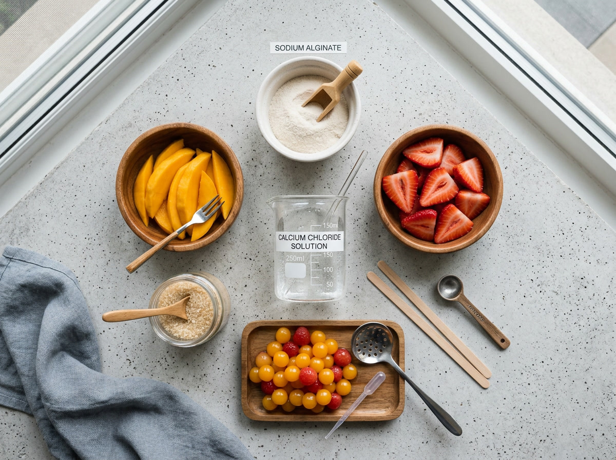 ¿De qué está hecho el popping boba — vista general de ingredientes que muestra componentes de alginato de sodio, jugo de fruta y sal de calcio?