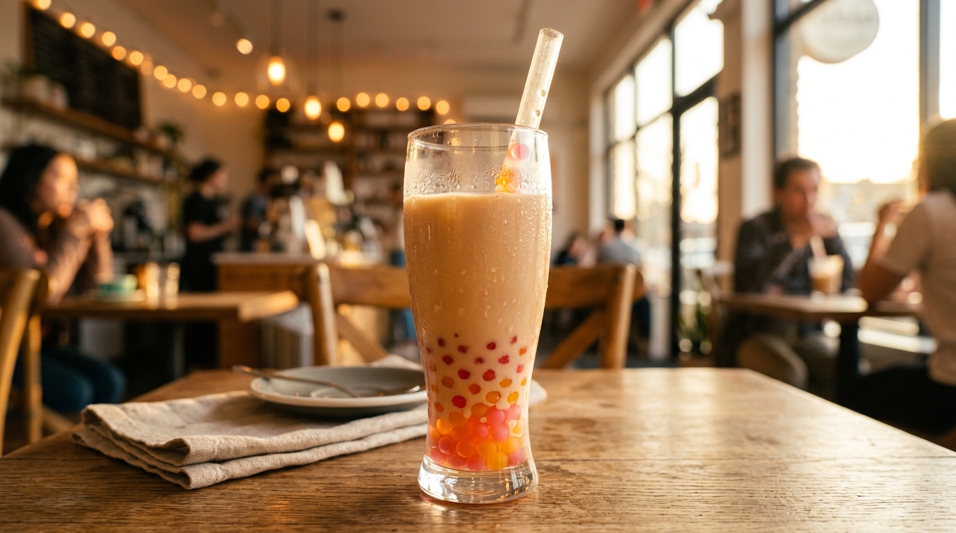 ¿De qué está hecho el popping boba — visual final que muestra popping boba colorido servido en té de burbujas
