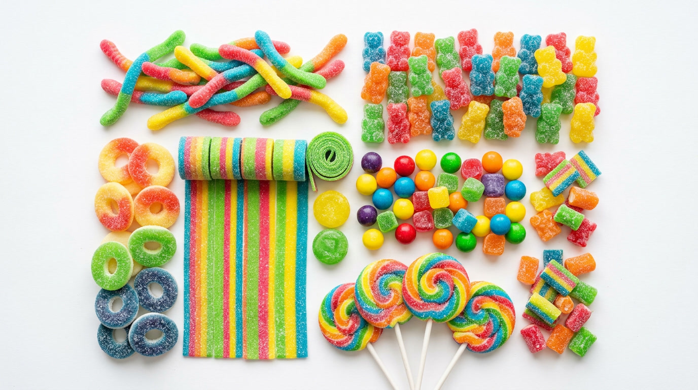 lo que hace que un caramelo sea ácido — visual de cierre mostrando variedades de caramelos ácidos coloridos y diagramas de moléculas de ácido