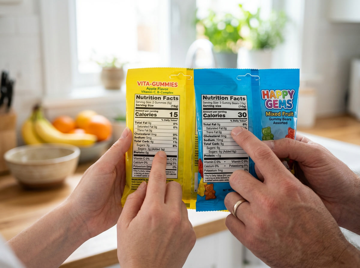 are gummies bad for you — close-up of hands comparing two nutrition labels on gummy candy packages under bright kitchen lighting, showing sugar and ingredient differences