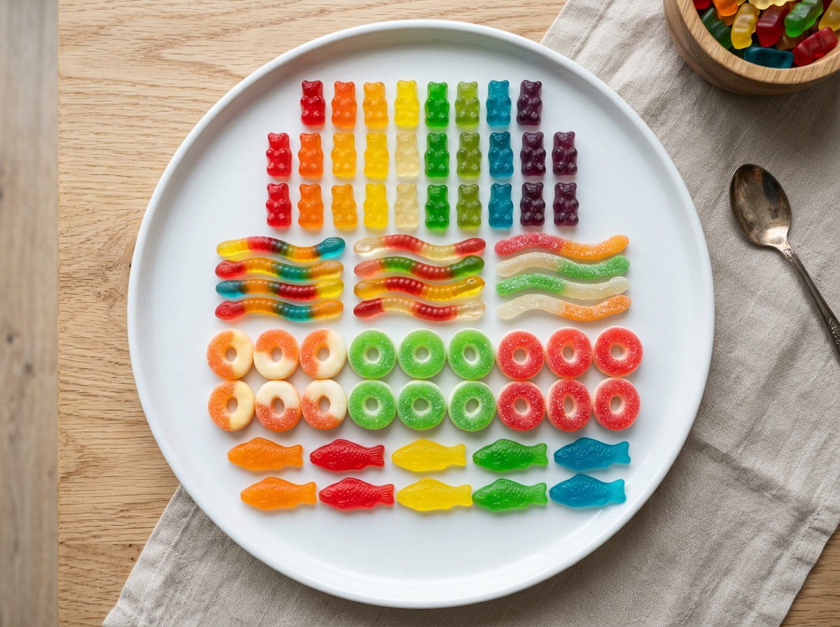 are gummies bad for you — flat lay comparison of gelatin and pectin gummy varieties in different colors arranged in rows on a white studio surface