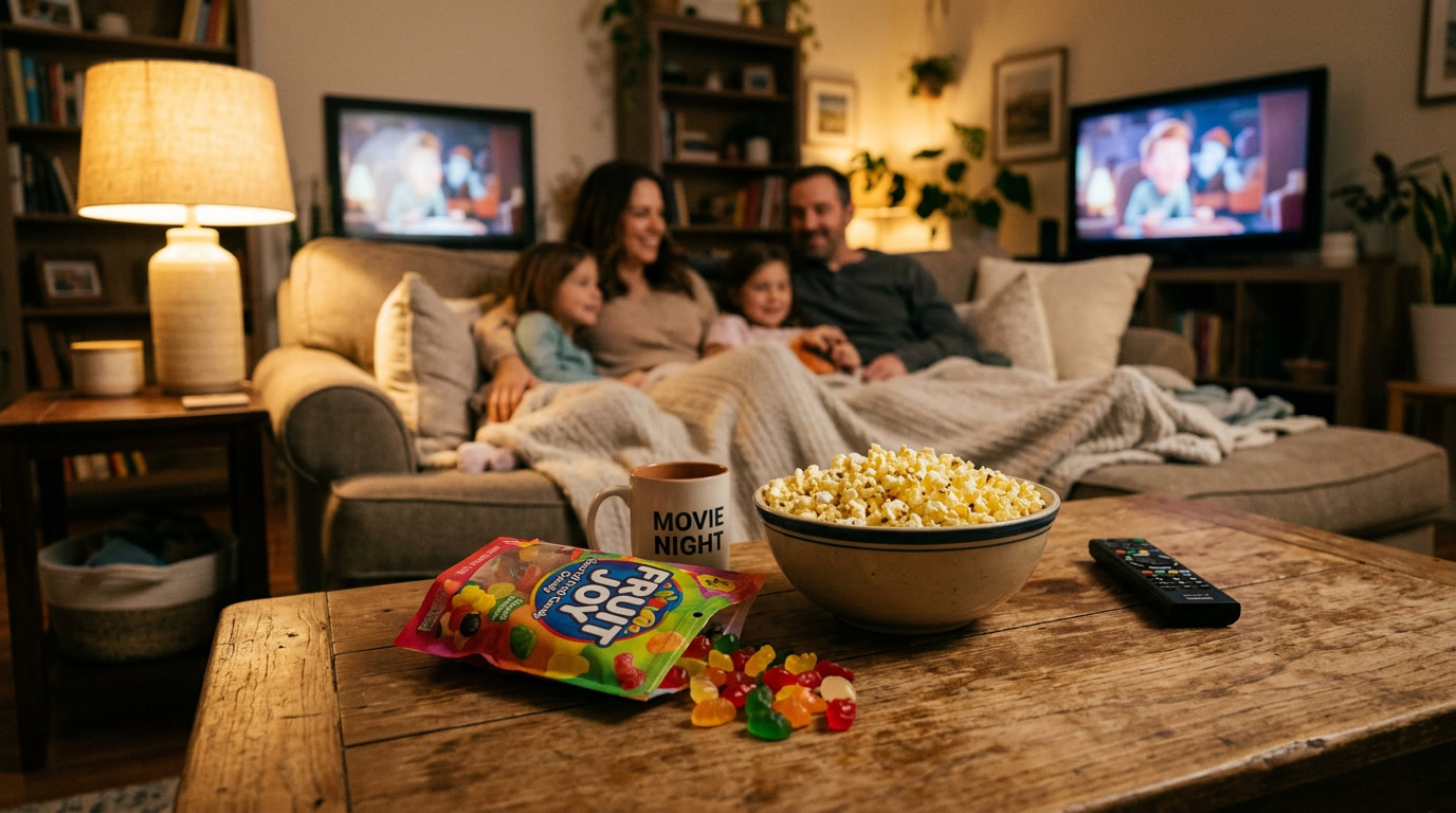 Skittles são livres de laticínios — uma configuração de noite de cinema em família com um saco de Skittles aberto sobre uma mesa de café de madeira ao lado de pipoca, ambiente acolhedor na sala de estar, luz dourada do entardecer
