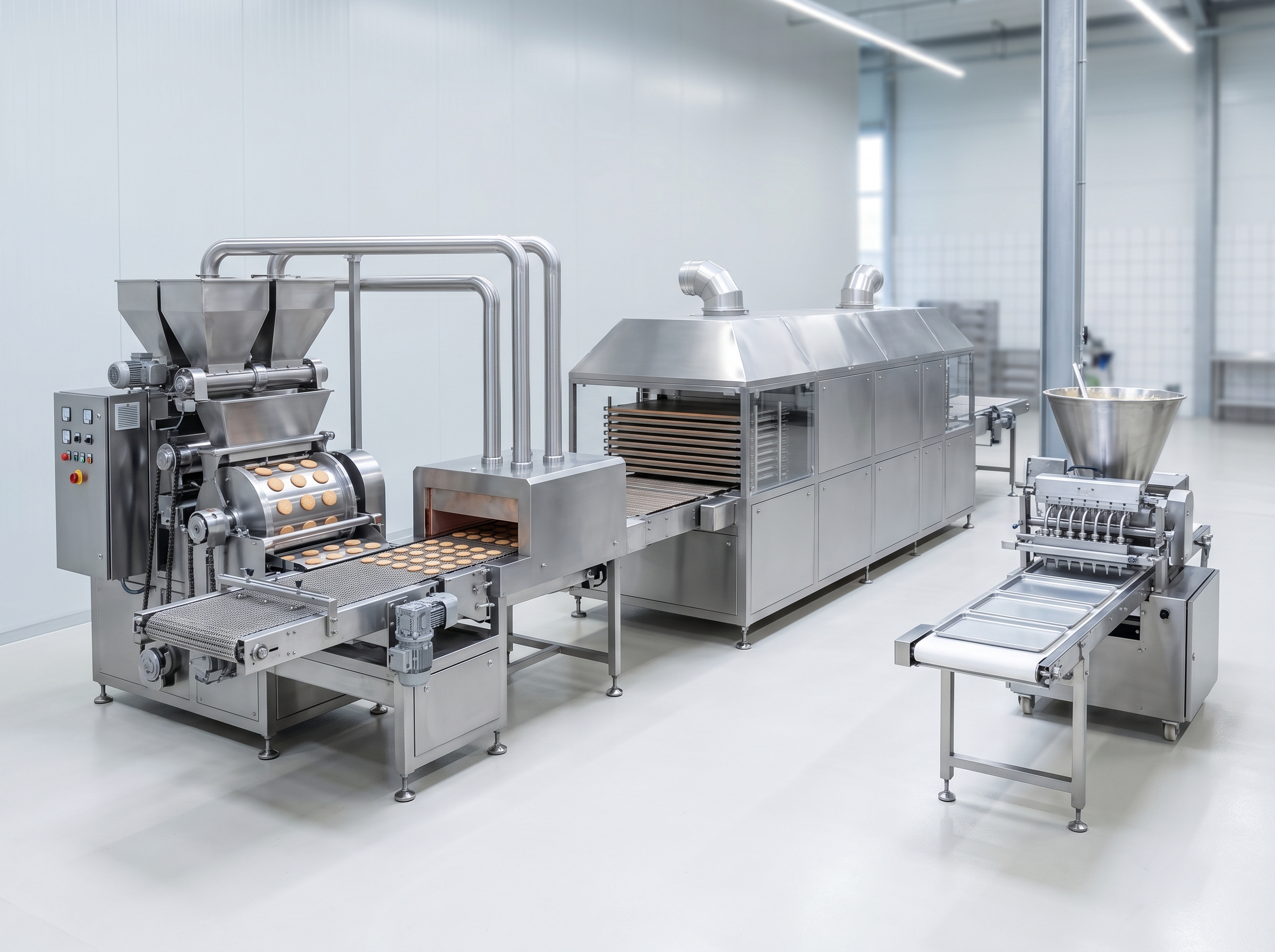 Machines industrielles de boulangerie : ligne de moulage de biscuits rotative, four à wafers et machine de dépôt de gâteaux