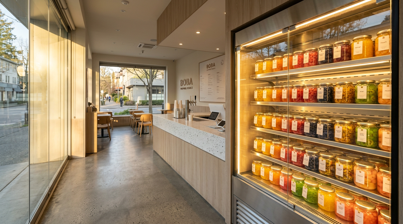 boba knallende parels — modern interieur van een bubble tea-winkel met kleurrijke potten boba knallende parels op display