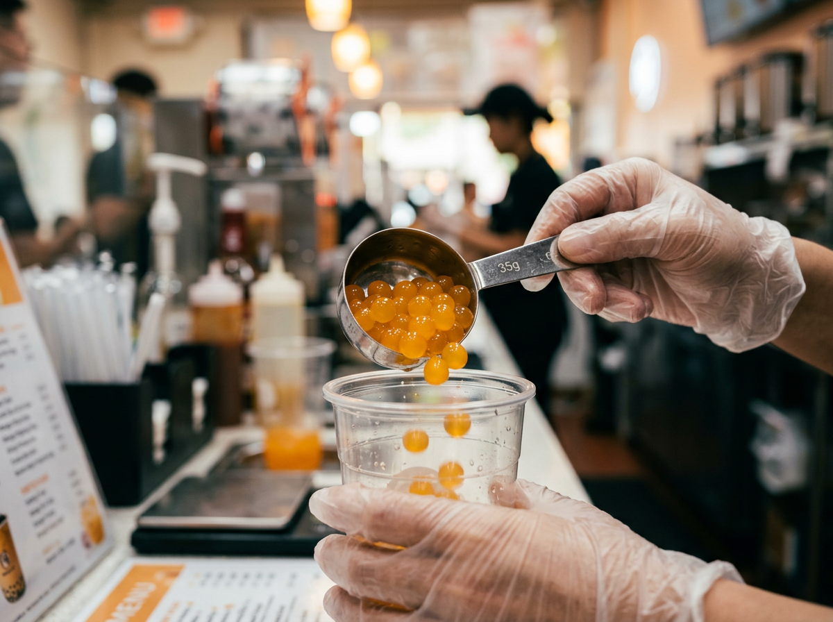 boba knallende parels — close-up van een professionele bubble tea-maker die knallende parels schept in een beker tijdens de voorbereiding