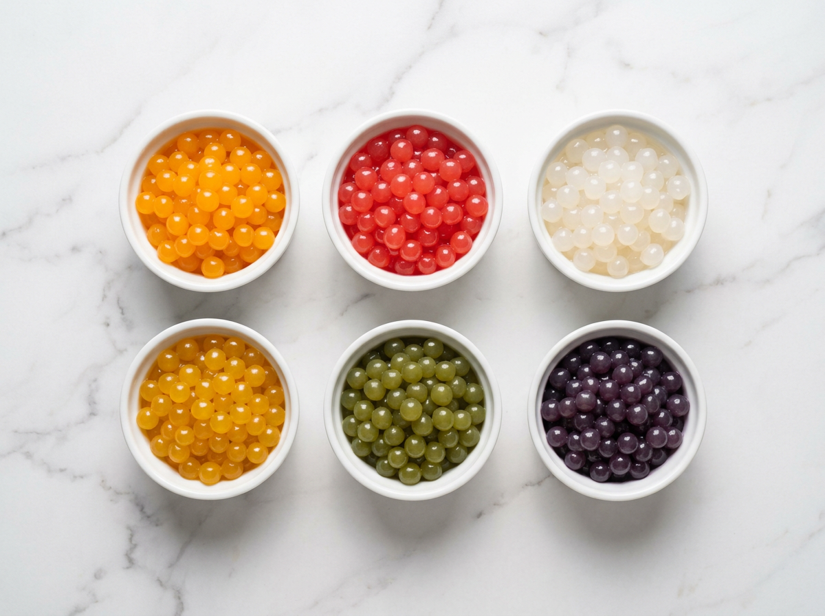 boba knallende parels — zij-aan-zij vergelijking van mango, aardbei, lychee en passievrucht knallende parelvariëteiten