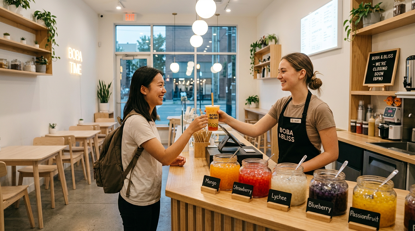 bubble tea popping boba — café de chá de bolha de conceito aberto moderno com clientes apreciando bebidas coloridas, boba estourando visível em potes de vidro na bancada